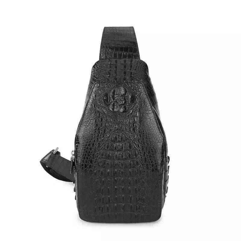 Genuine crocodile leather men's sling chest bag by Rossie Viren, featuring a sleek design with textured crocodile pattern.