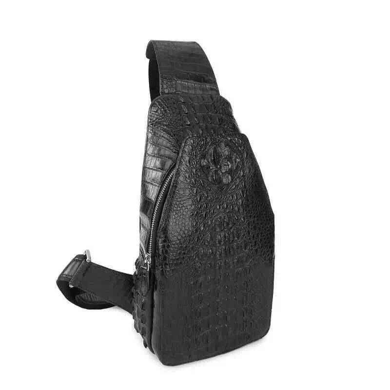 Genuine crocodile leather men's sling chest bag with adjustable strap and sleek design, by Rossie Viren.