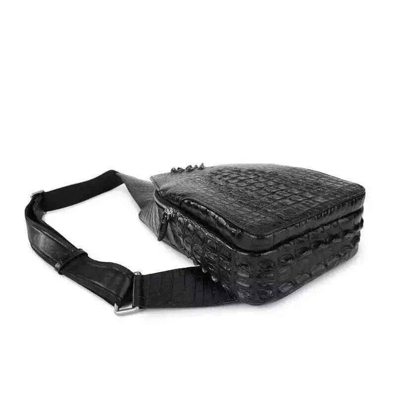 Genuine crocodile leather men's sling chest bag with adjustable strap, featuring a sleek design and textured crocodile pattern.