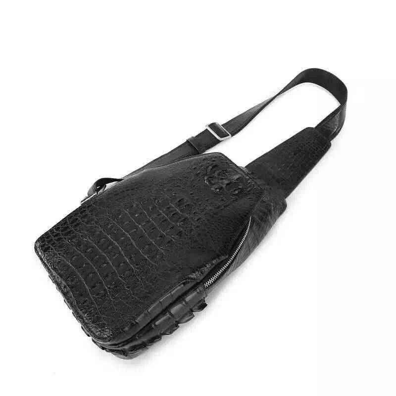 Genuine crocodile leather men's sling chest bag with adjustable strap and sleek design, by Rossie Viren.