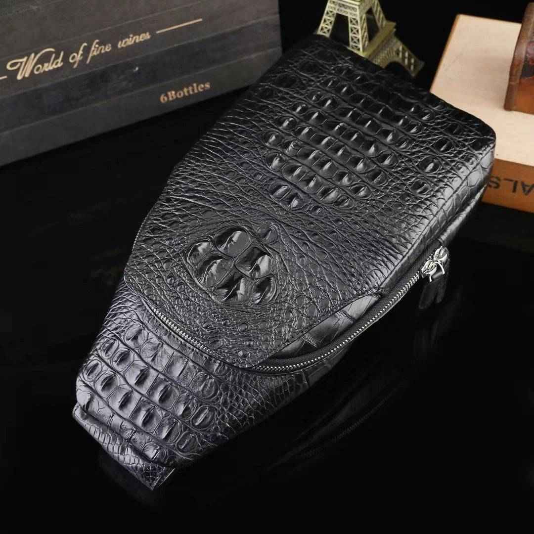 Genuine crocodile leather men's sling chest bag by Rossie Viren, featuring a sleek design and textured crocodile pattern.
