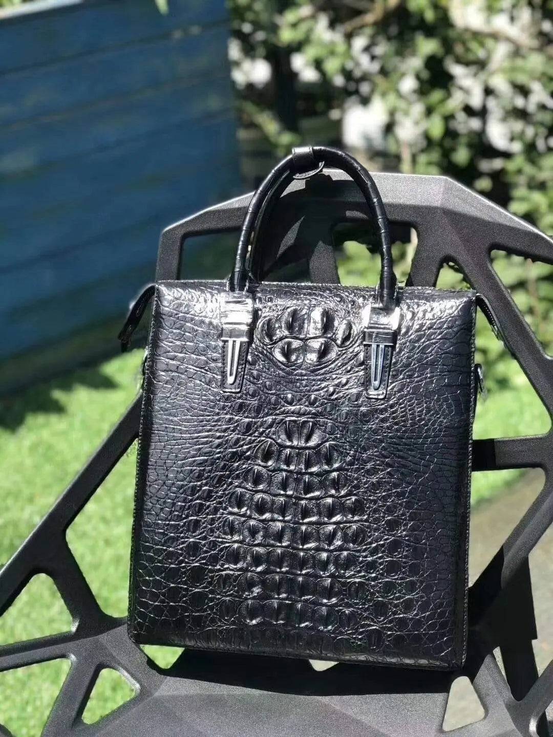 Rossie Viren genuine crocodile leather vertical briefcase handbag for men, featuring a sleek, textured crocodile pattern and sturdy handle.
