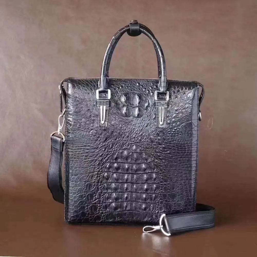 Genuine crocodile leather vertical men's briefcase handbag by Rossie Viren with sleek design and sturdy handle.