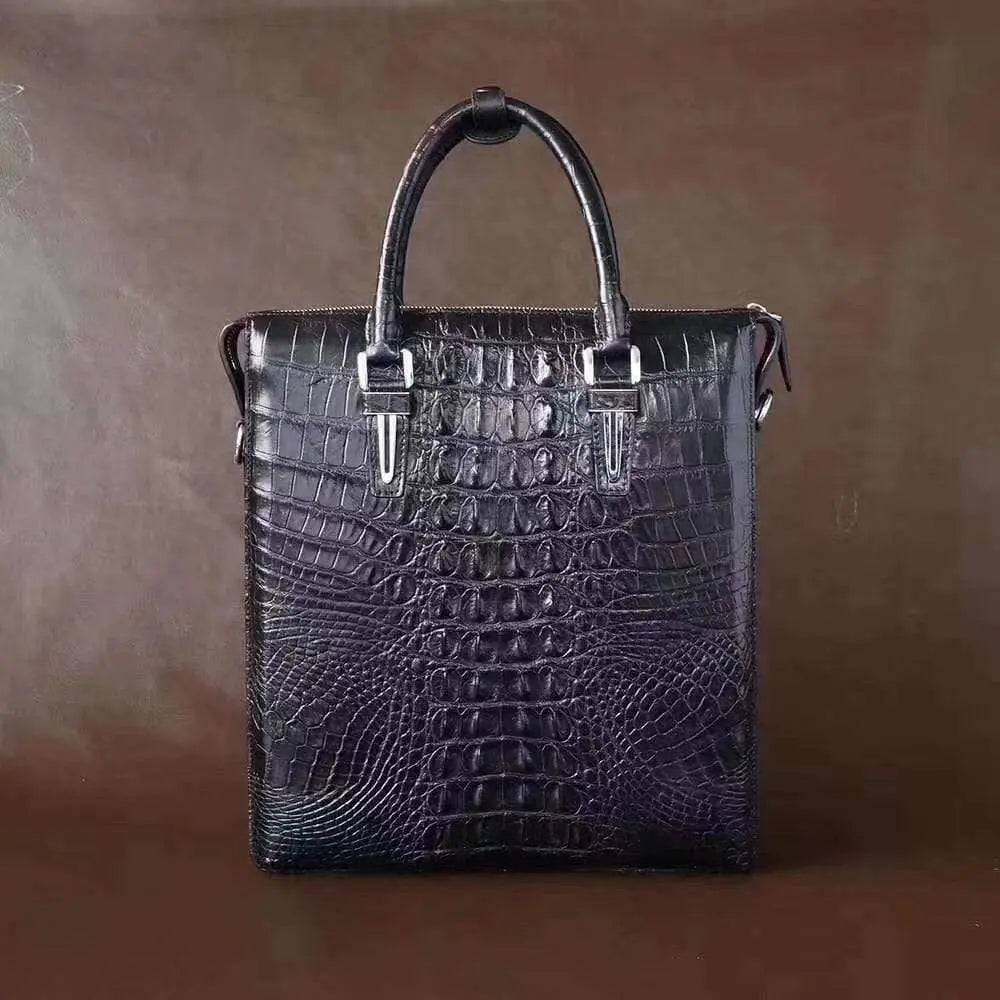 Genuine crocodile leather vertical men's briefcase handbag by Rossie Viren, featuring a sleek, textured crocodile pattern and sturdy handle.