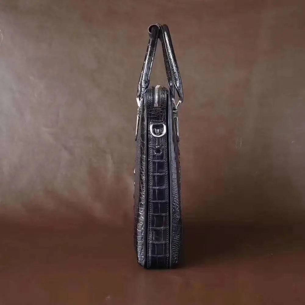 Genuine crocodile leather vertical briefcase handbag for men by Rossie Viren, showcasing a sleek, textured leather design.