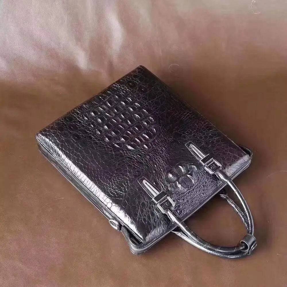 Genuine crocodile leather vertical men's briefcase handbag by Rossie Viren, showcasing sleek design and premium craftsmanship.