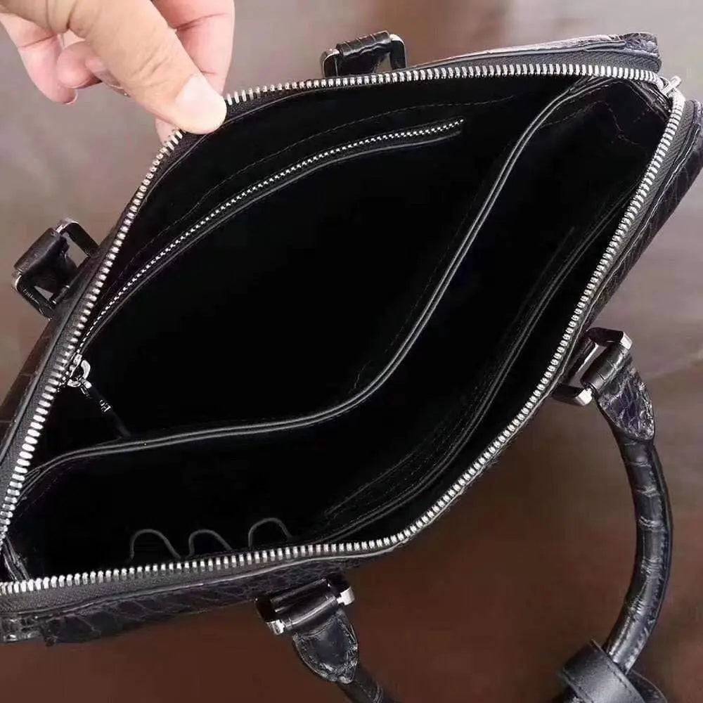 Genuine crocodile leather vertical briefcase handbag for men by Rossie Viren, featuring a sleek, textured design and sturdy handle.