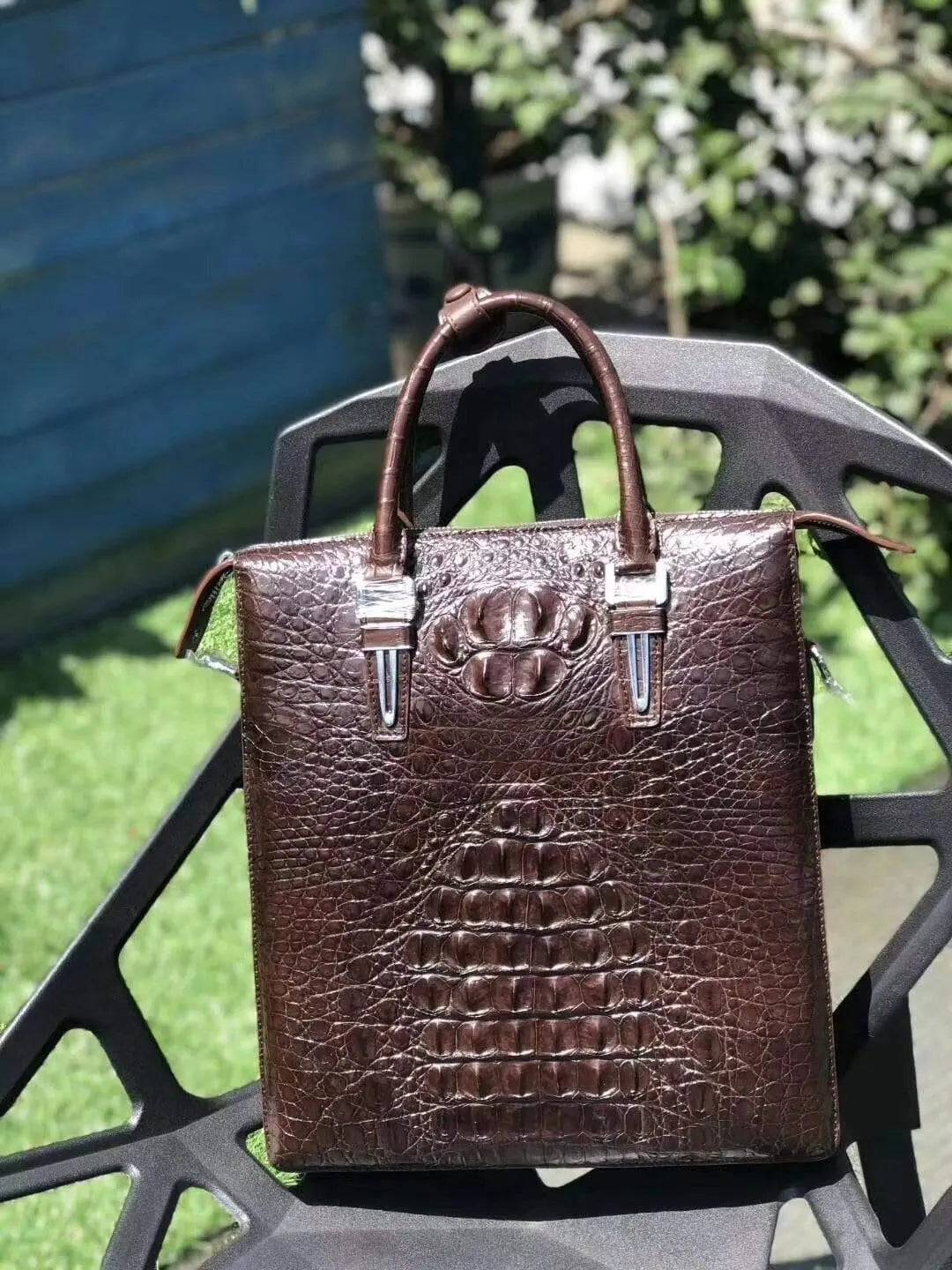 Genuine crocodile leather vertical briefcase handbag for men by Rossie Viren, featuring a sleek and sophisticated design.