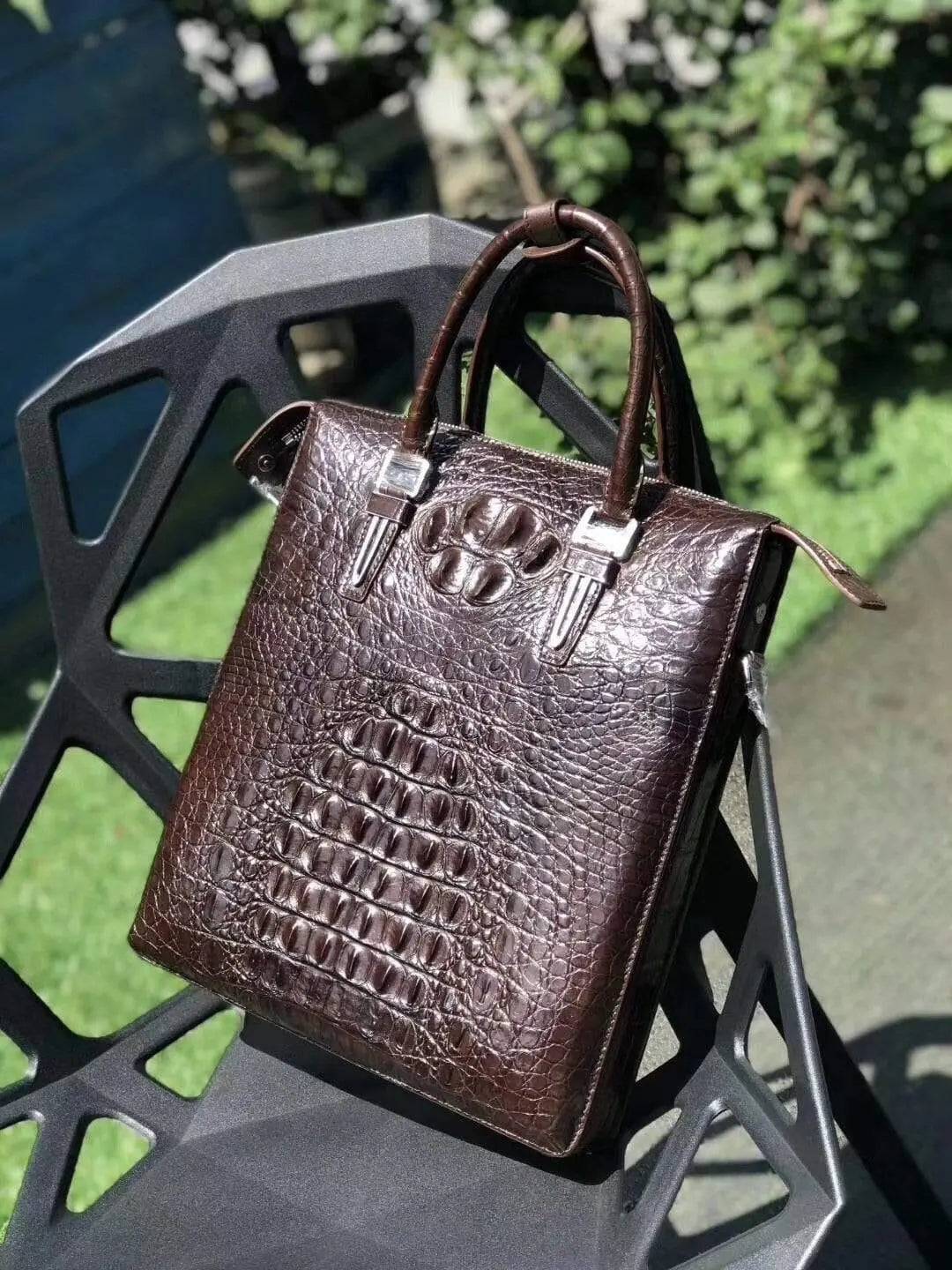 Genuine crocodile leather vertical briefcase handbag for men with sturdy handle and sleek design by Rossie Viren.