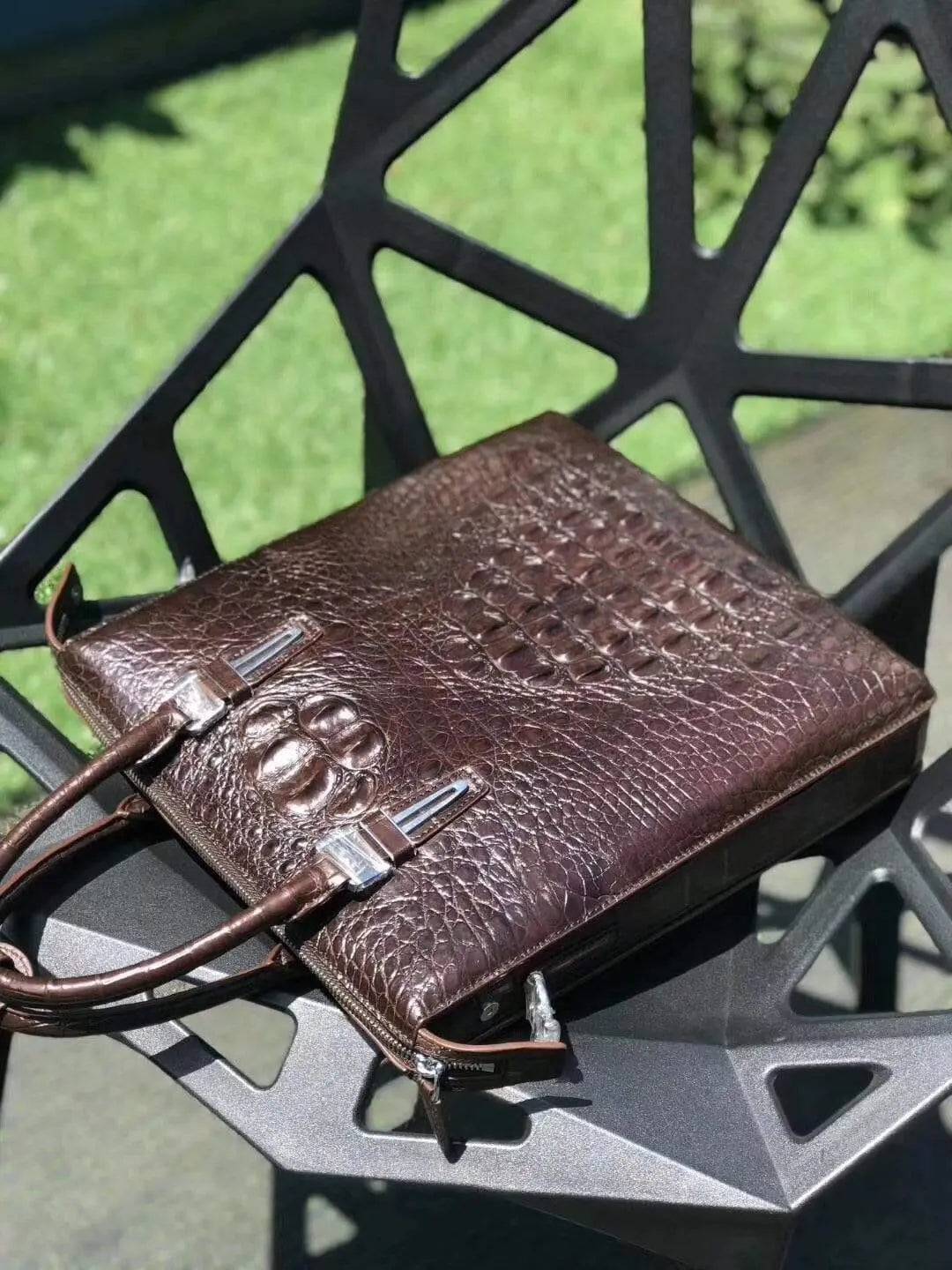 Genuine crocodile leather vertical men's briefcase handbag by Rossie Viren, with sleek design and sturdy handle.