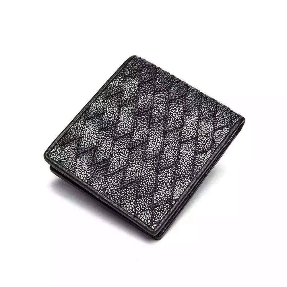 Genuine stingray leather bifold small men's wallet by Rossie Viren, featuring textured surface and compact design.