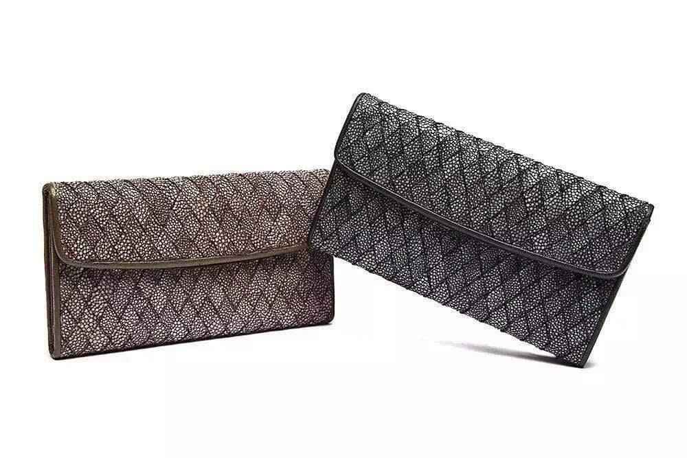 Genuine stingray leather large flap wallet for women by Rossie Viren, featuring textured surface and elegant design.