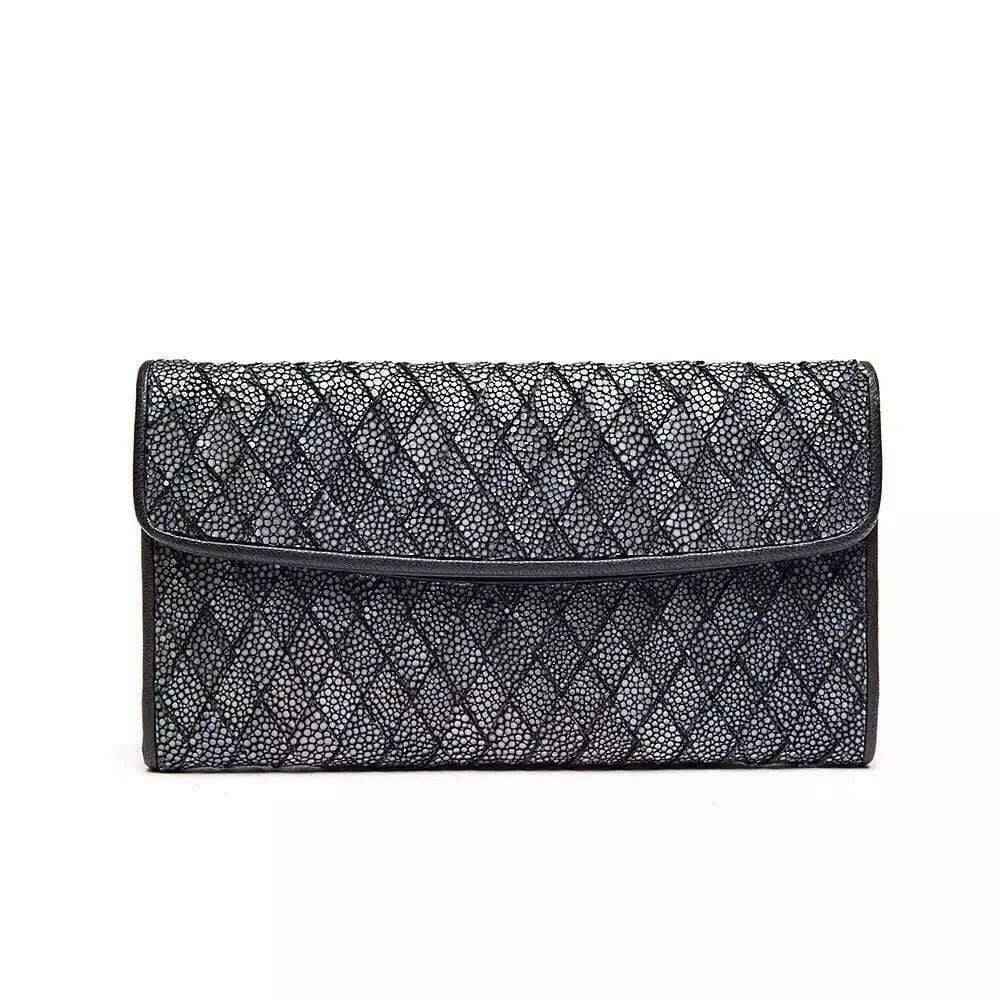 Genuine stingray leather large flap wallet for women by Rossie Viren, featuring textured surface and elegant design.