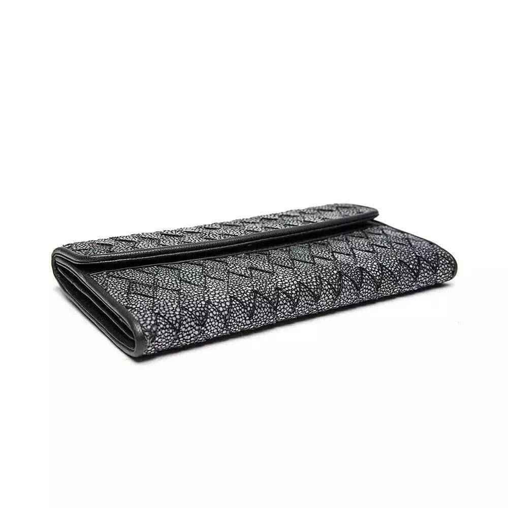 Genuine stingray leather large flap wallet for women by Rossie Viren, featuring textured finish and spacious interior.