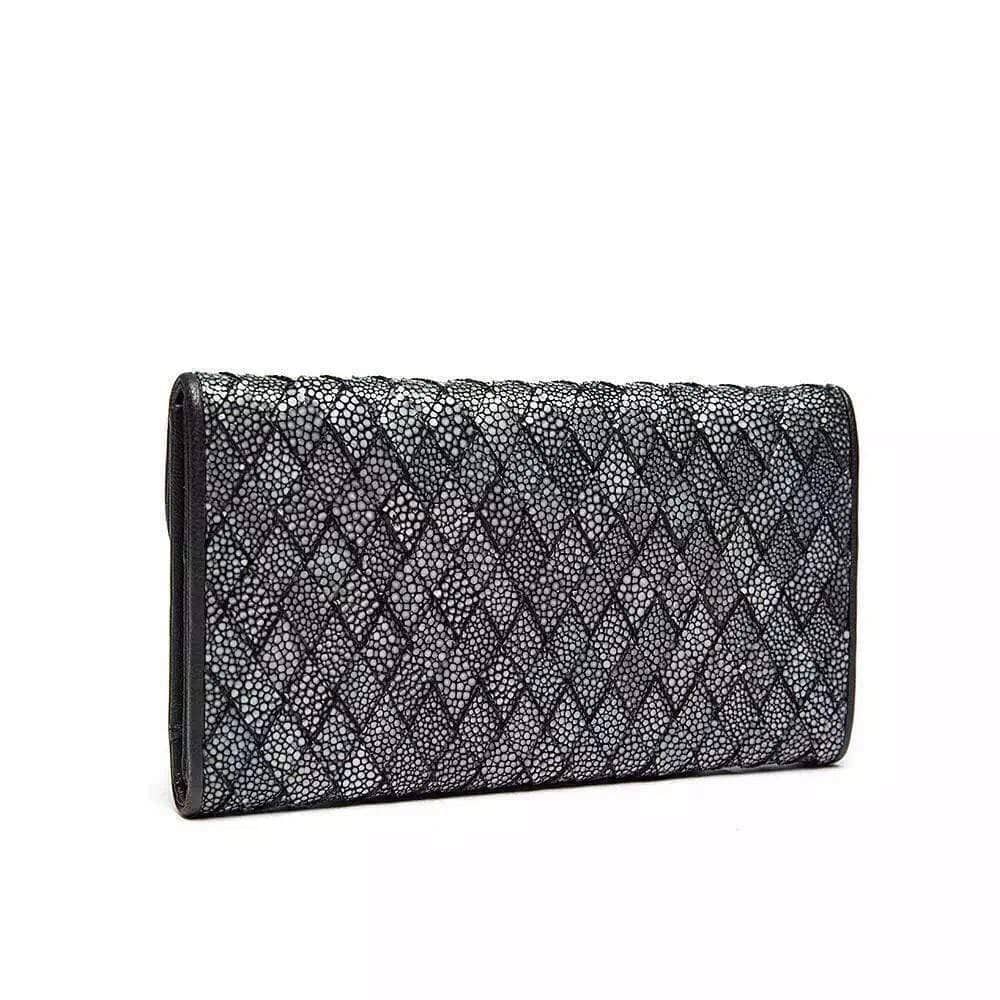 Genuine stingray leather large flap wallet for women by Rossie Viren, showcasing textured leather and elegant design.