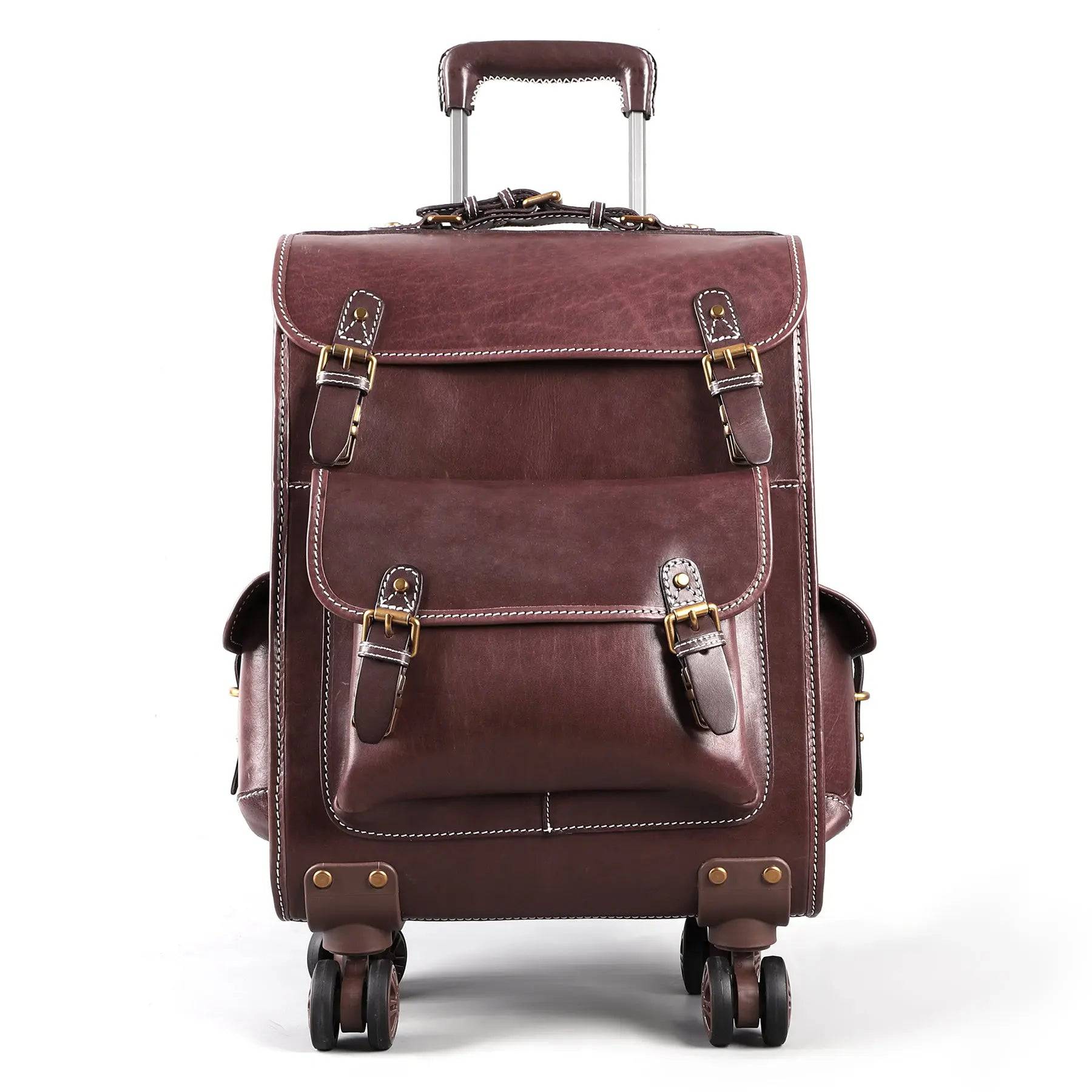 Vintage vegetable tanned leather check-in suitcase with universal wheels, 23-inch Rossie Viren business rolling trolley bag.