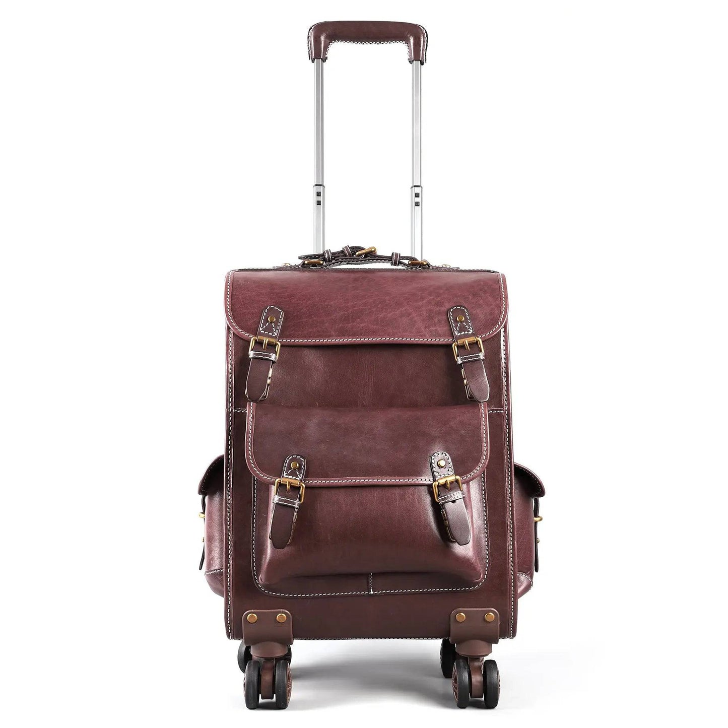 Genuine vintage vegetable tanned leather 23-inch Rossie Viren rolling business trolley bag with universal wheels and check-in capacity.