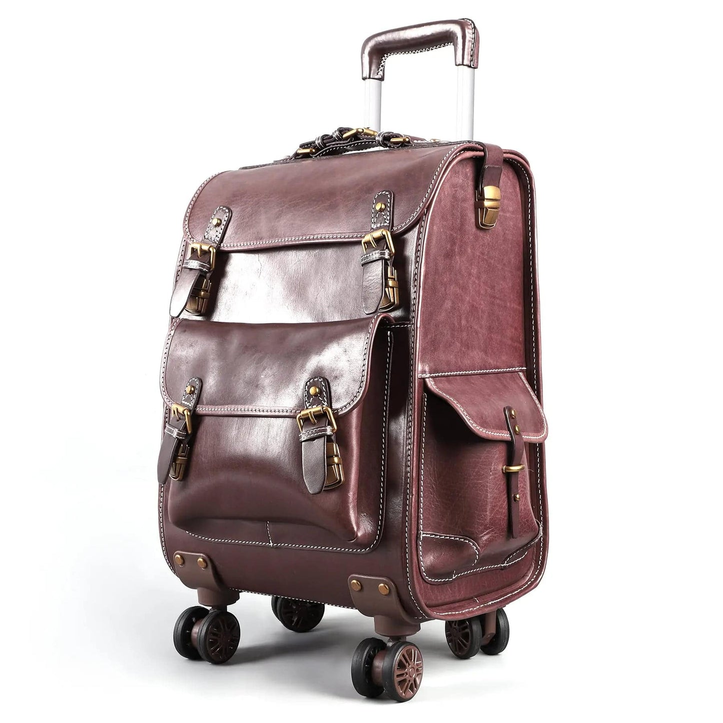 Genuine vintage vegetable tanned leather business rolling suitcase with universal wheels, 23-inch carry-on trolley bag by Rossie Viren.