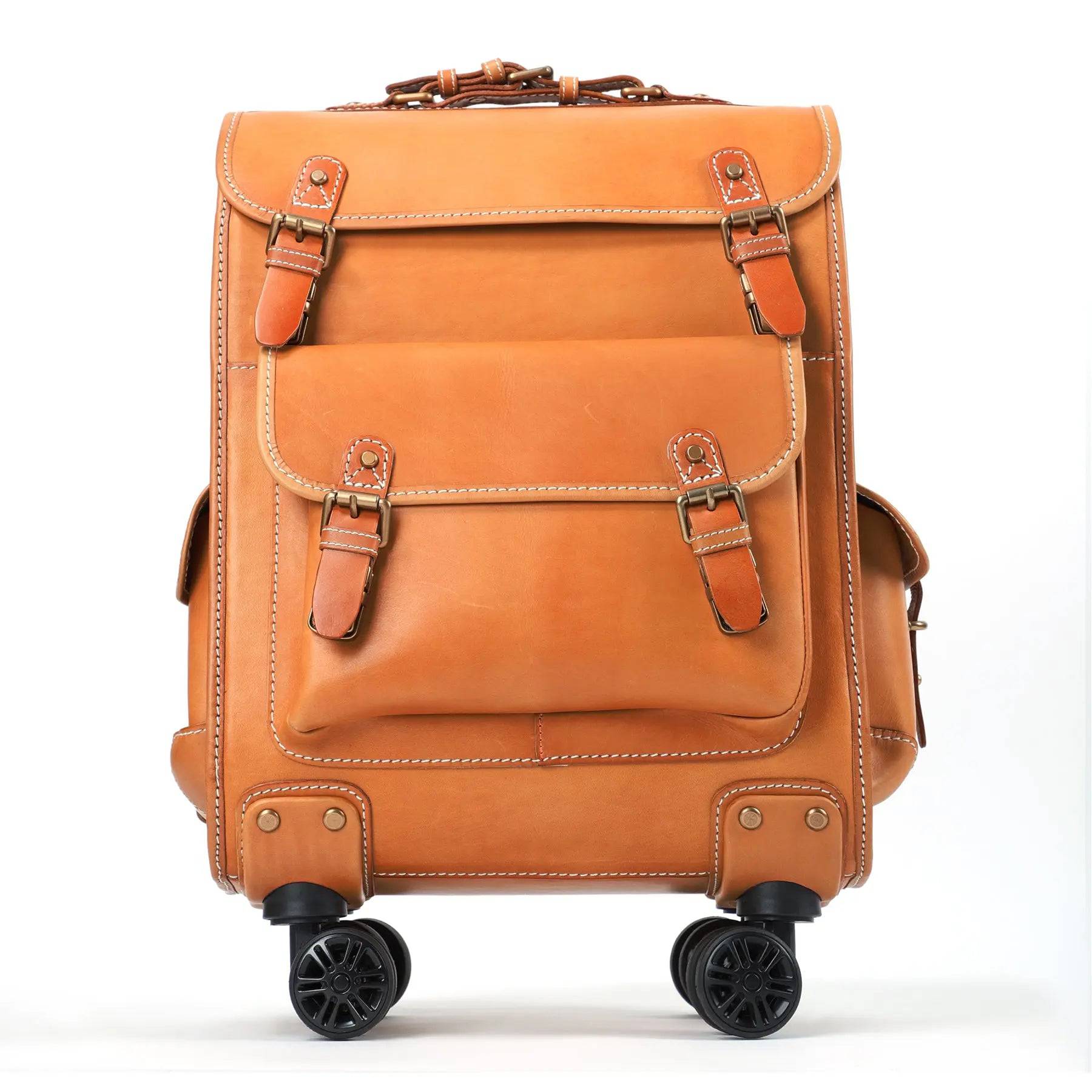 Vintage vegetable tanned leather check-in carry-on rolling suitcase with universal wheels, 23-inch leather business trolley bag.