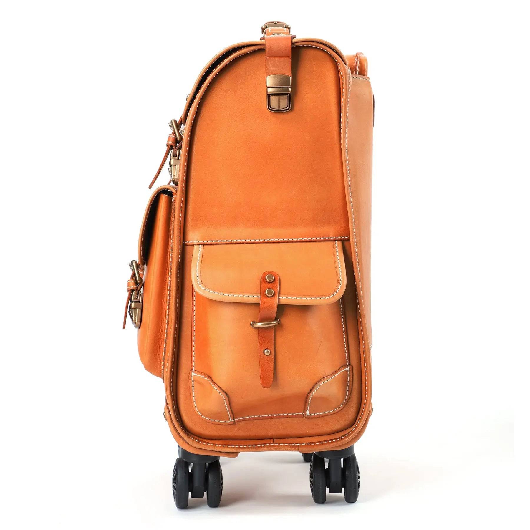 Vintage vegetable-tanned leather check-in trolley bag with universal wheels, 23-inch Rossie Viren business rolling suitcase.