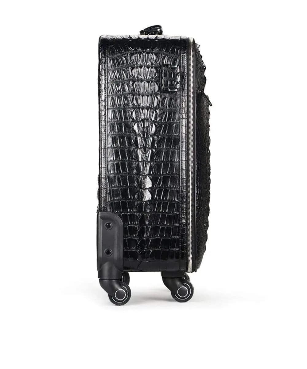 Genuine crocodile skin carry-on luggage suitcase by Rossie Viren with textured crocodile pattern and sturdy handle.