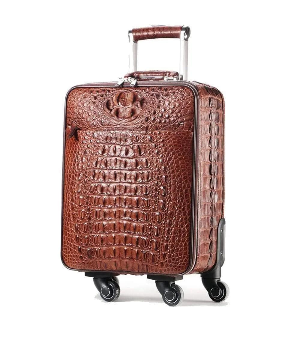 Genuine crocodile skin carry-on suitcase by Rossie Viren, featuring a luxurious textured crocodile pattern and sturdy handle.