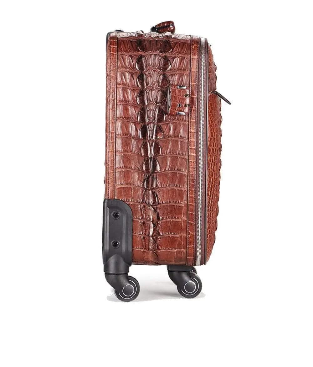 Rossie Viren genuine crocodile skin carry-on suitcase with textured crocodile pattern and sturdy handle.