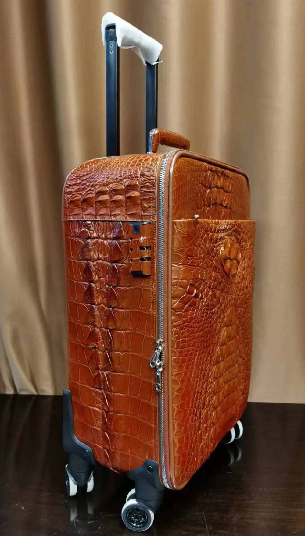 Rossie Viren genuine crocodile skin carry-on suitcase with textured crocodile pattern for stylish travel luggage.