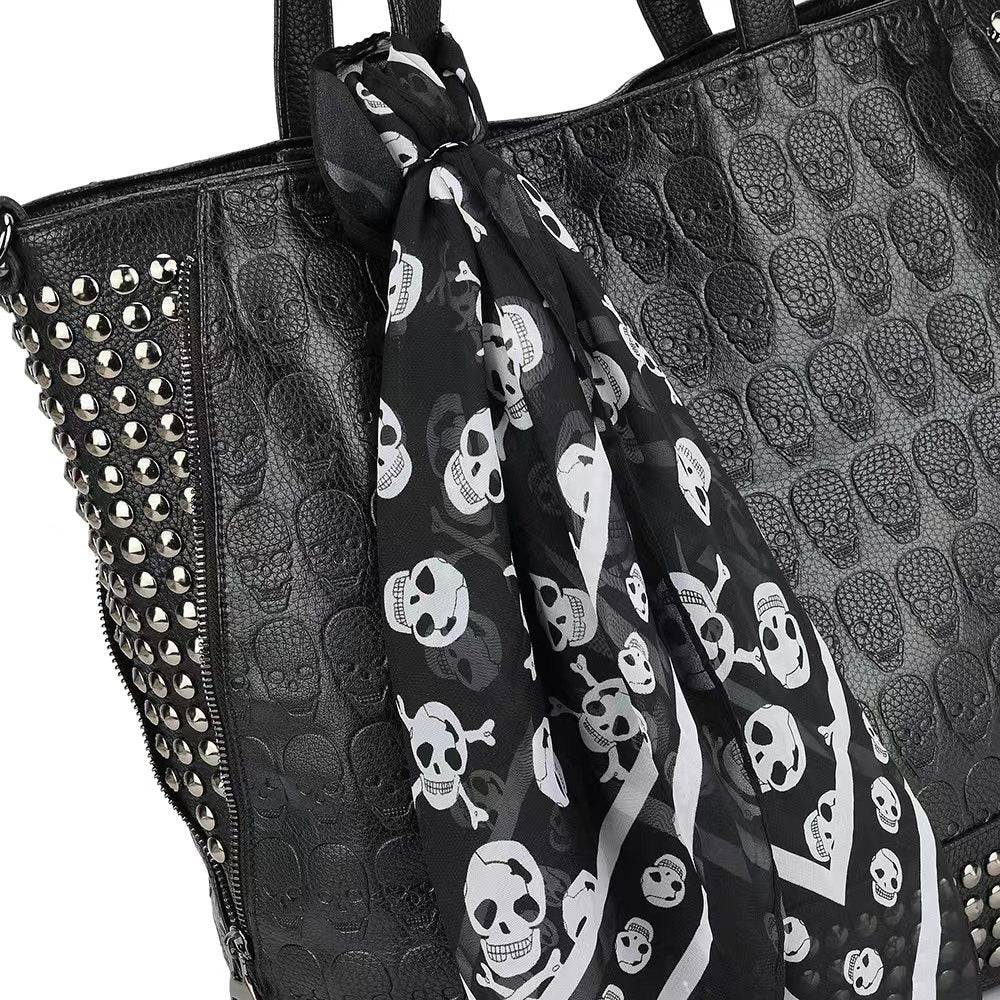 Rossie Viren 3D large shopper bag with studded embossed skull design, includes small pouch and matching scarf, stylish and spacious.