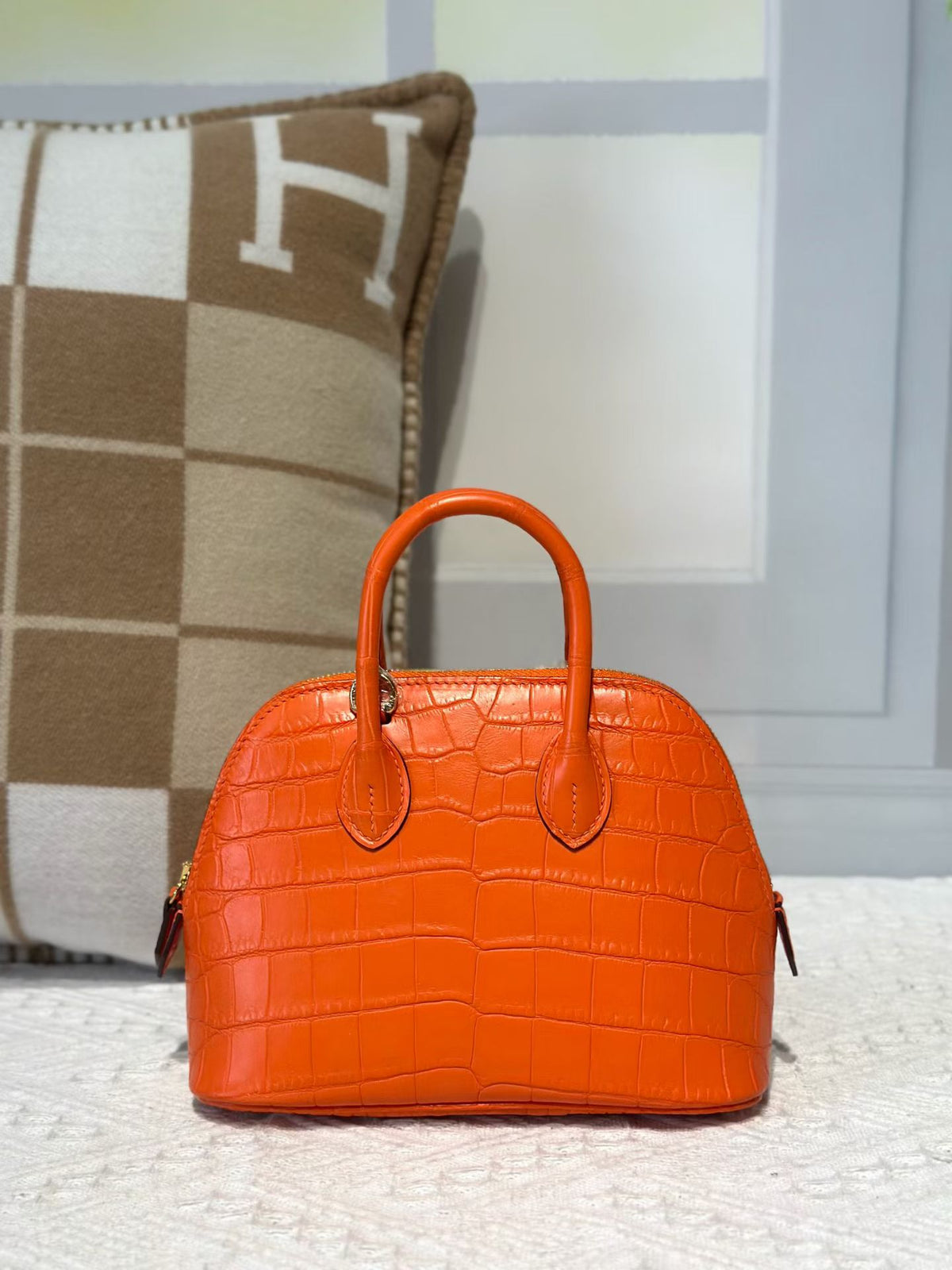 Genuine Crocodile Leather Mini Bowling Top Handle Bag Orange
