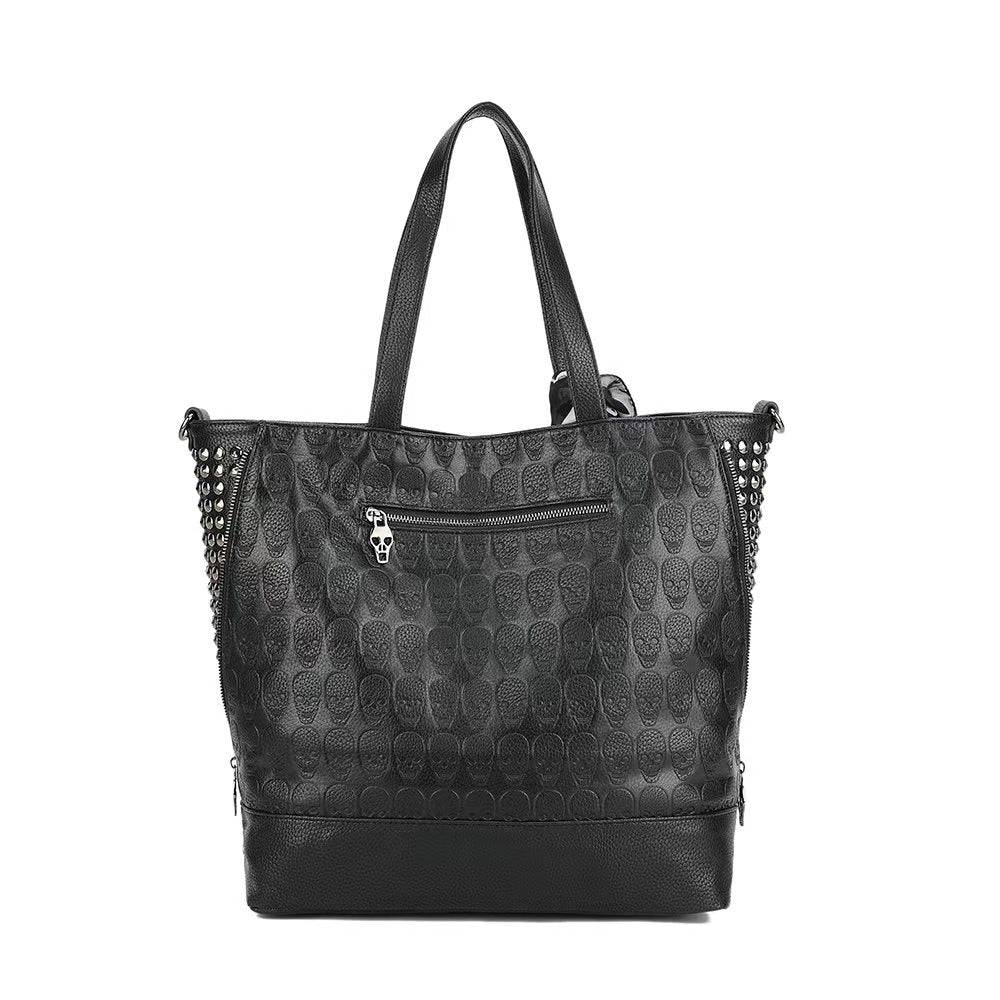 Rossie Viren 3D large shopper bag with studded embossed skull design, includes small pouch and scarf, fashionable and spacious.