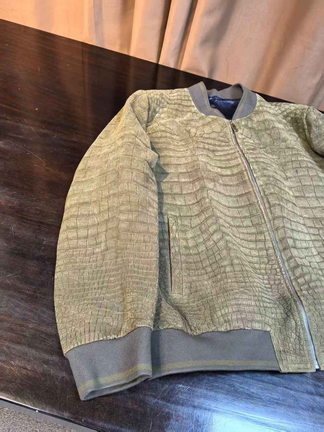 Men's Nubuck  Oliver Green Crocodile Skin Leather Jacket