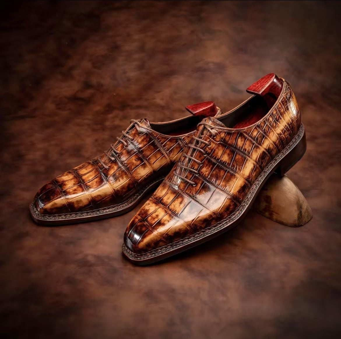 Rossie Viren crocodile leather Norwegian sewn lace-up dress shoes, showcasing detailed crocodile texture and sleek design.
