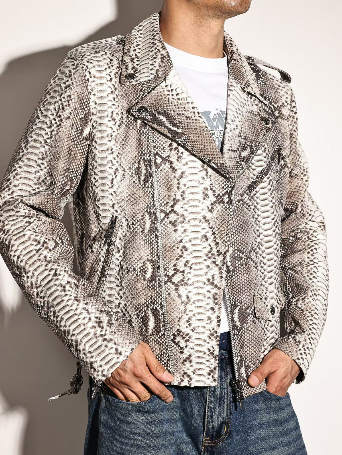 Python Leather Jacket , Mens Python Skin Leather Slim Fit Motorcycle Bomber Biker Jacket