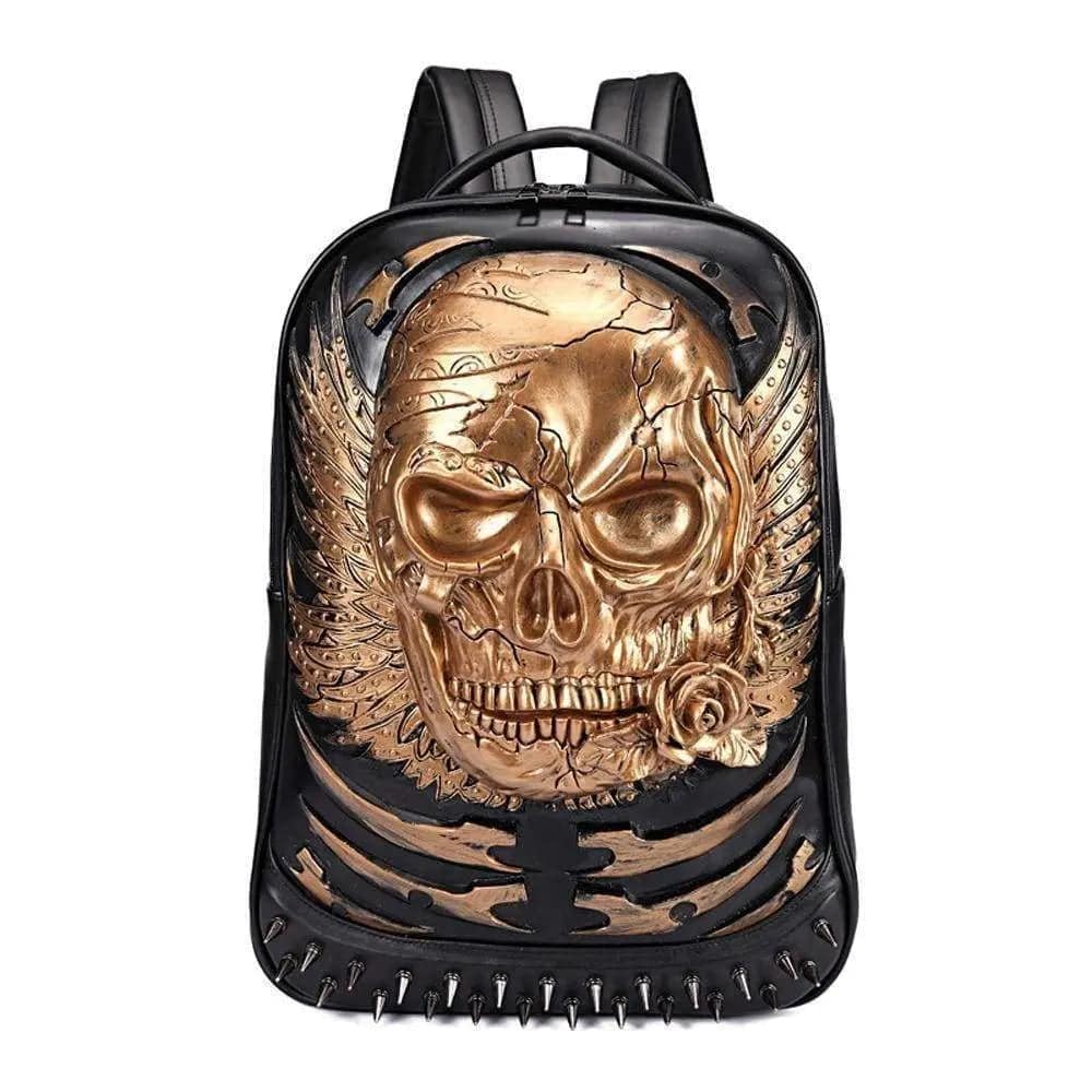 Rossie Viren 3D skull ghost backpack with rivets, punk style, travel rucksack, computer bag, featuring a hoody hoodie design.