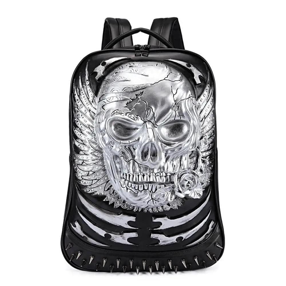 Rossie Viren 3D Skull Ghost backpack with rivets, punk style, travel rucksack, and computer bag features for everyday use.