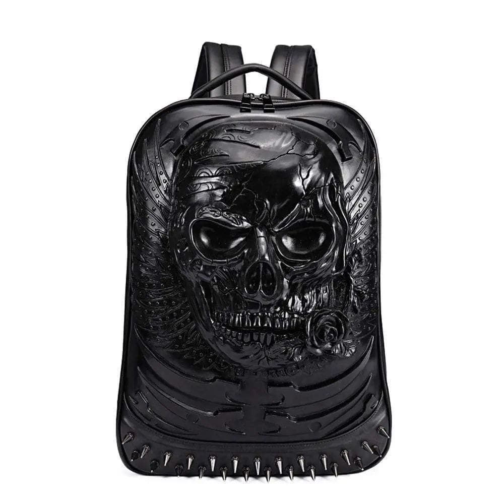 Rossie Viren 3D skull ghost punk backpack with rivets, spacious rucksack for travel, featuring computer compartments and stylish design.