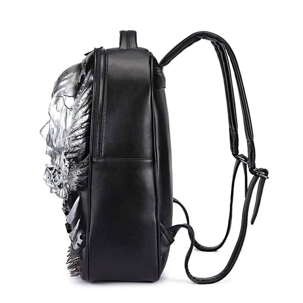Rossie Viren 3D skull ghost hoodie backpack with rivets, punk style, travel rucksack, and computer bag features.