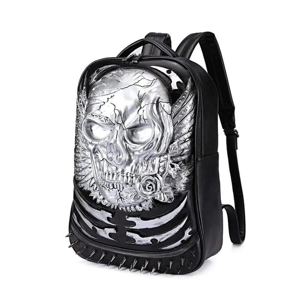 Rossie Viren 3D skull ghost backpack with rivets, punk style, suitable as a travel rucksack or computer bag, featuring a hoody hoodie design.
