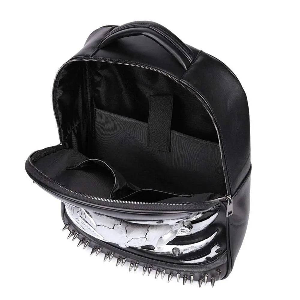Rossie Viren 3D skull ghost punk backpack with rivets, spacious travel rucksack, ideal for computer and everyday use.