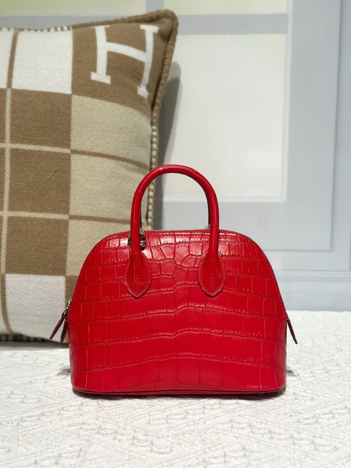 Genuine Crocodile Leather Mini Bowling Top Handle Bag Red