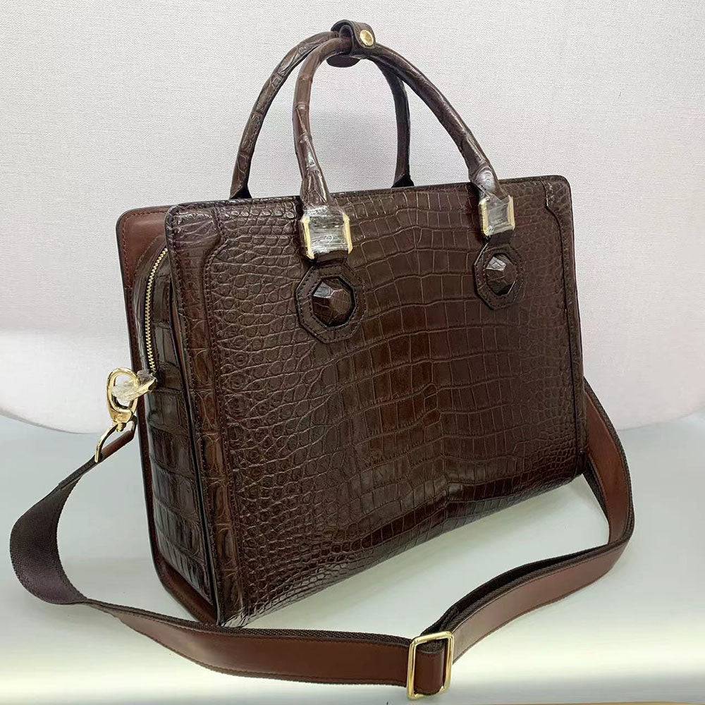 Rossie Viren crocodile skin leather briefcase with a sleek, polished design, perfect for business and professional use.