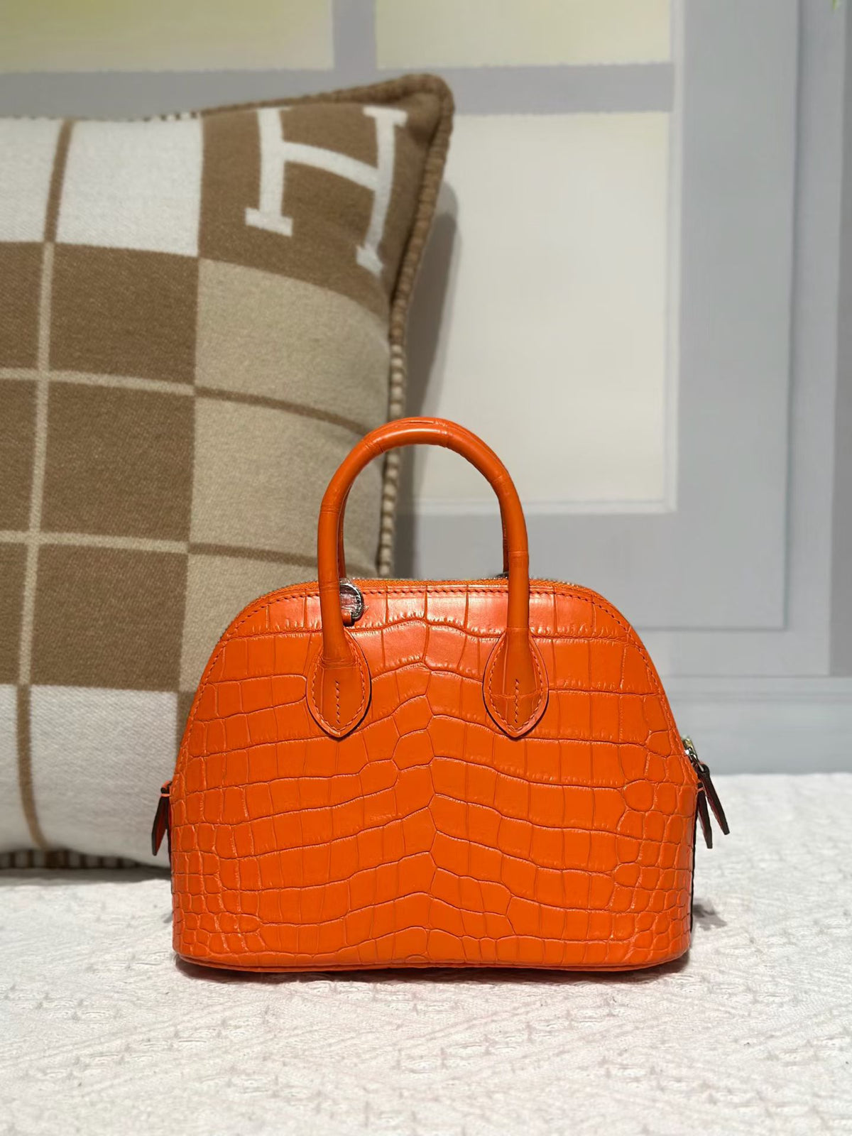 Genuine Crocodile Leather Mini Bowling Top Handle Bag Orange