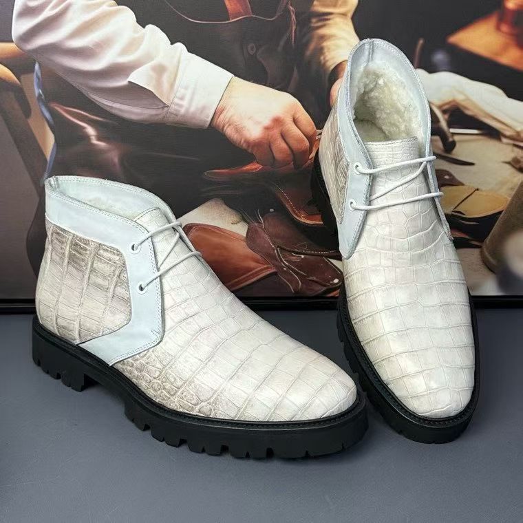 Genuine crocodile leather boots by Rossie Viren featuring a rugged design and natural texture, perfect for stylish footwear.