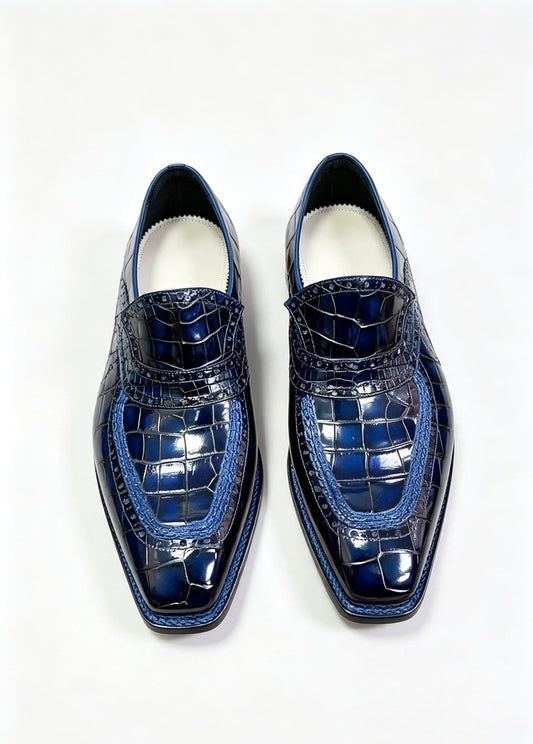 Preorder Crocodile Shoes Vintage Blue Crocodile Leather Norwegian Sewn Dress Loafer Shoes
