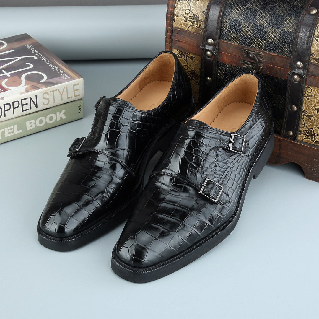Black Rossie Viren crocodile leather brogue lace-up shoes for men, featuring detailed crocodile texture and classic design.