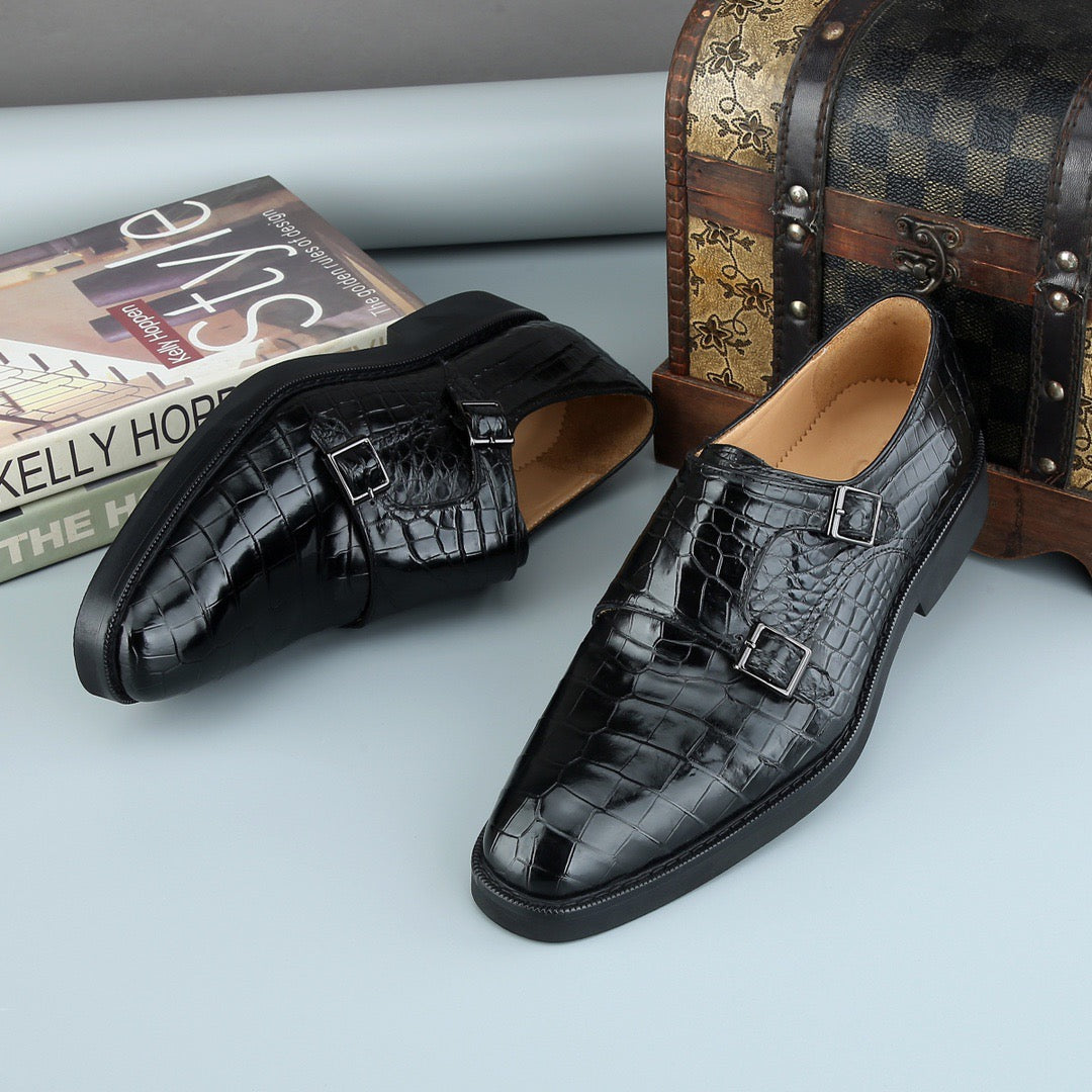 Black men's crocodile leather brogue lace-up shoes by Rossie Viren, showcasing detailed crocodile skin texture and classic design.
