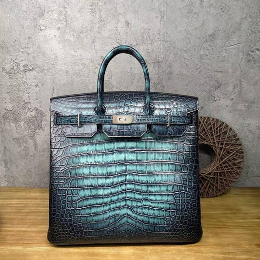 Genuine Crocodile Skin Leather 40cm Oversized Padlock Business Handbags Office Bags Vintage Turquoise Green Color