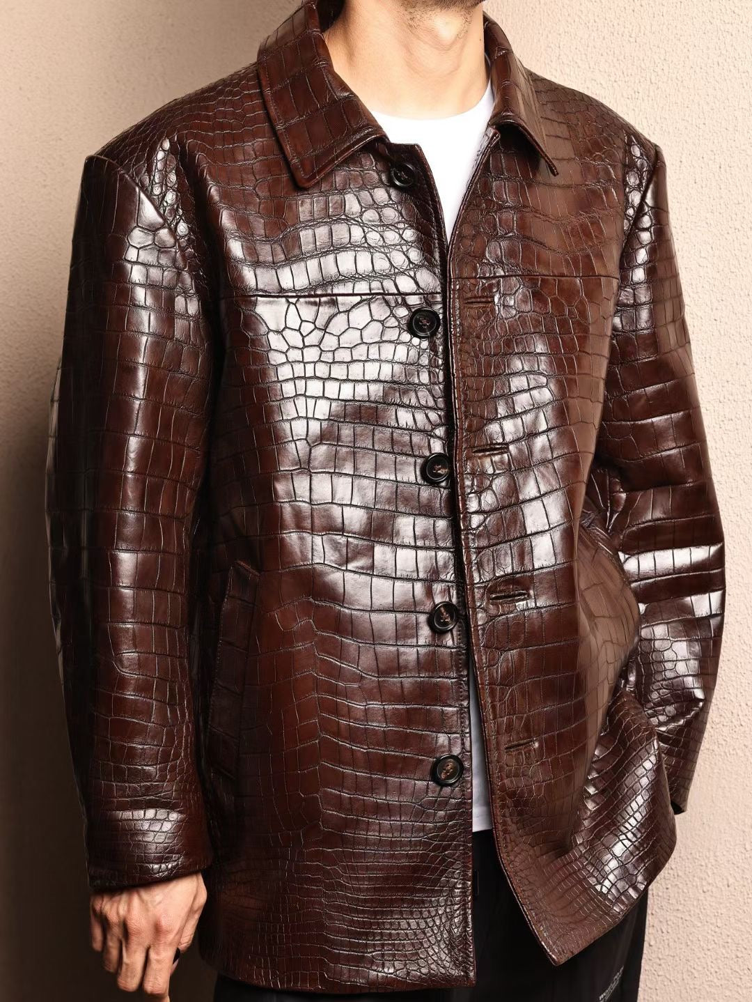 Men's mid-length crocodile skin leather jacket with Mandarin collar, formal style, by Rossie Viren.