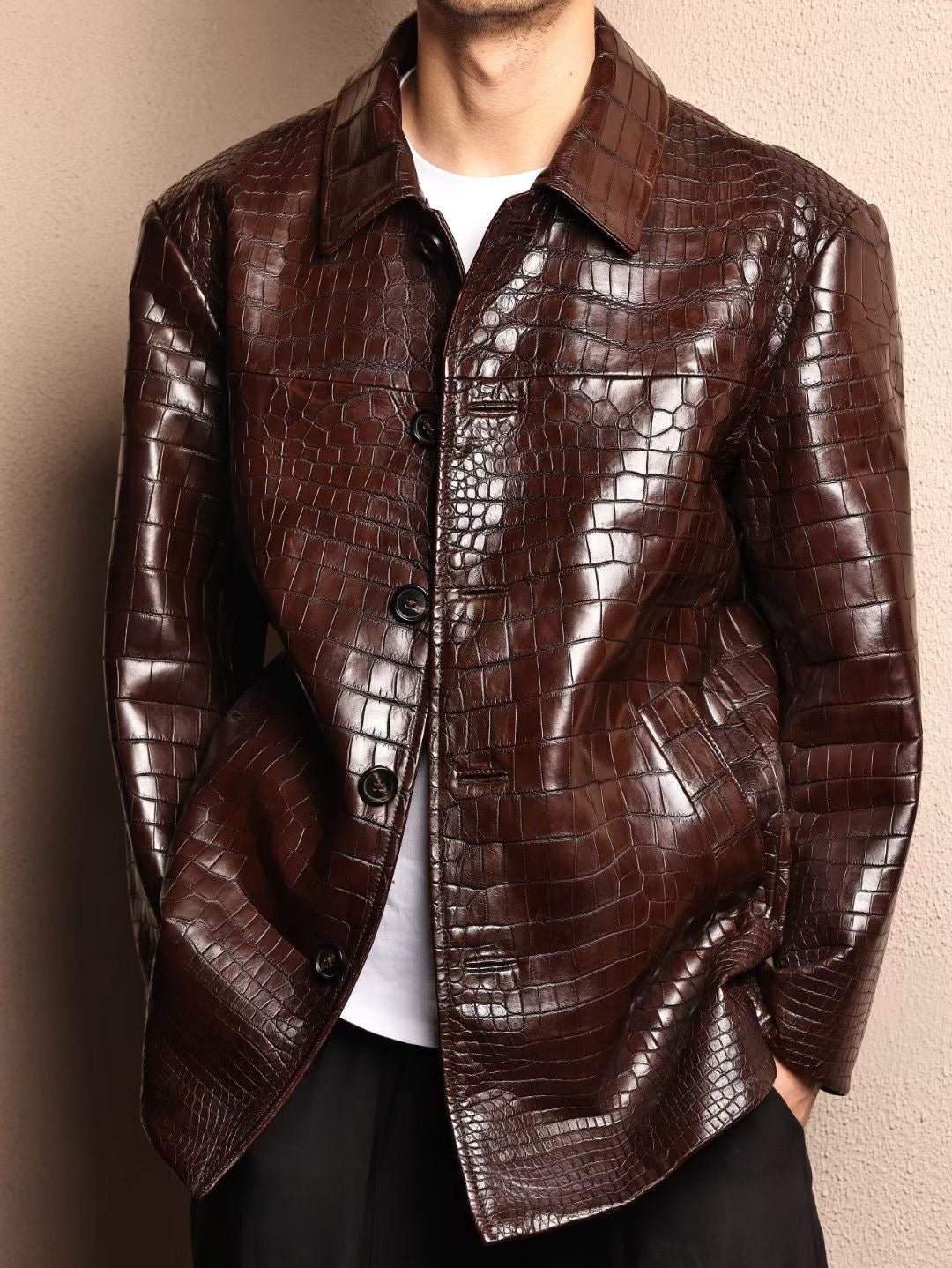Men's mid-length crocodile leather jacket with Mandarin collar, formal style, by Rossie Viren, showcasing detailed crocodile skin texture.